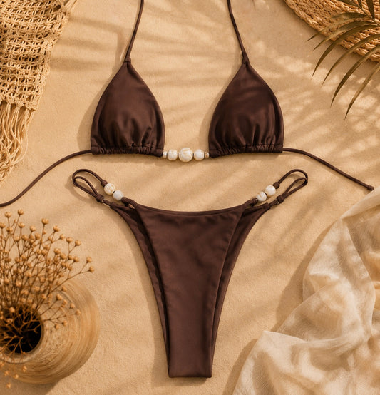 Bikini Perlé Bohème Chic – Maillot Deux Pièces Taille Haute
