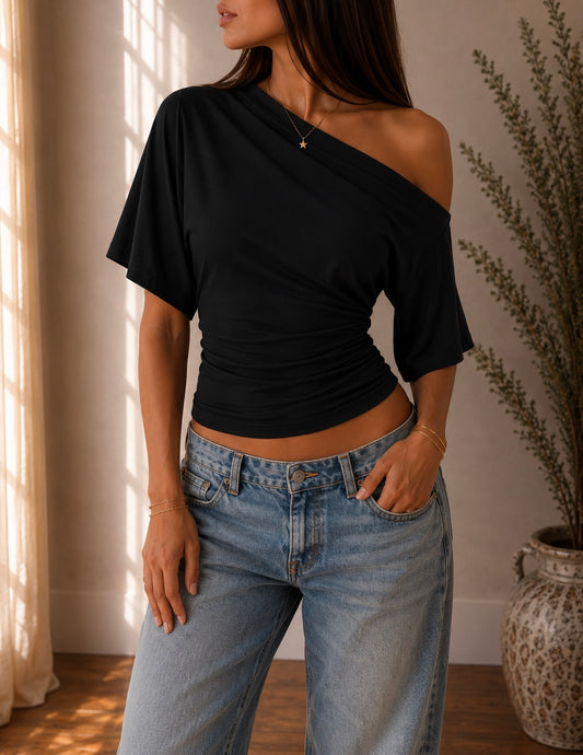 Top Noir Asymétrique Drapé - Coupe One Shoulder