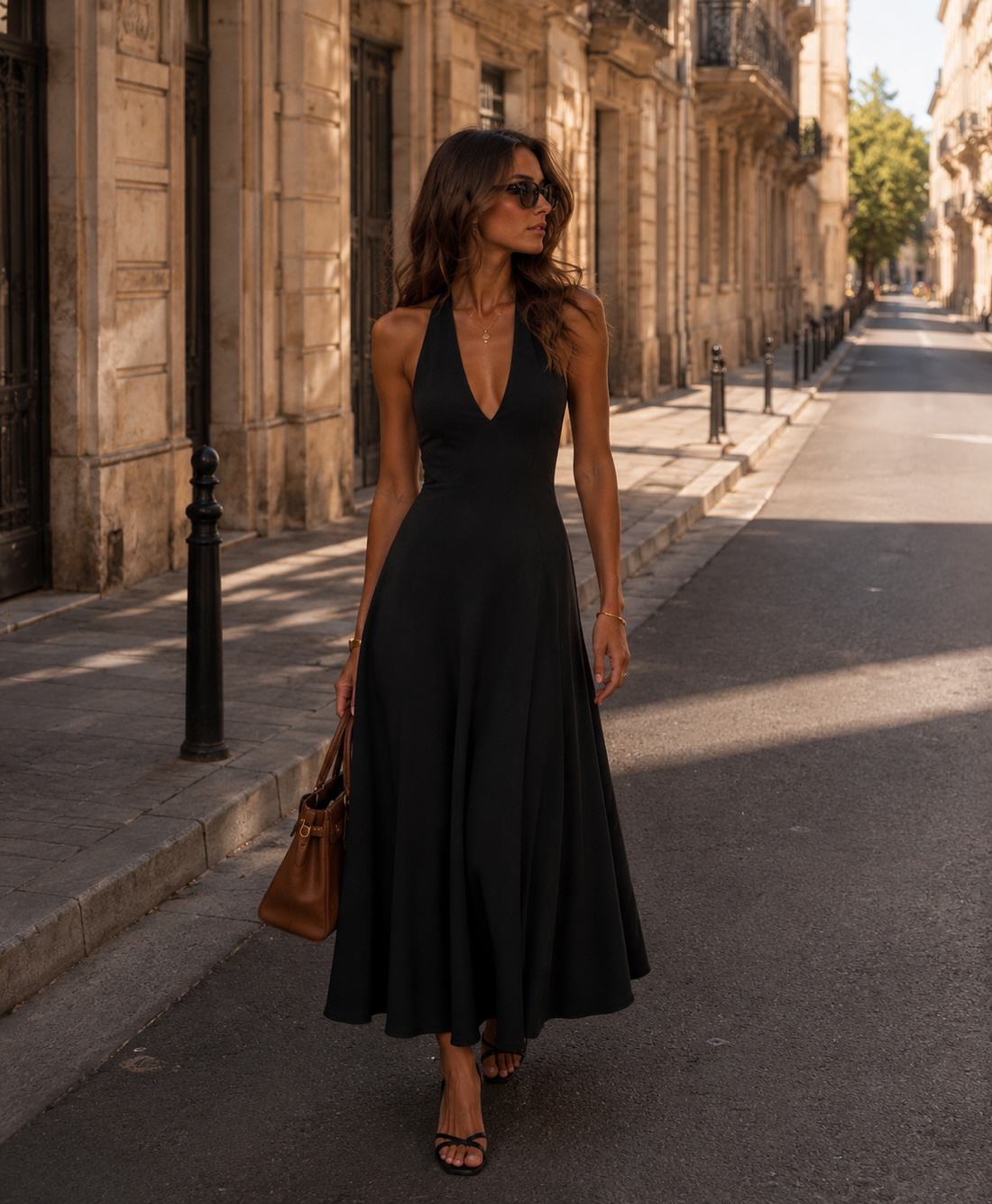 Femme élégante & confiante portant une longue robe noire
