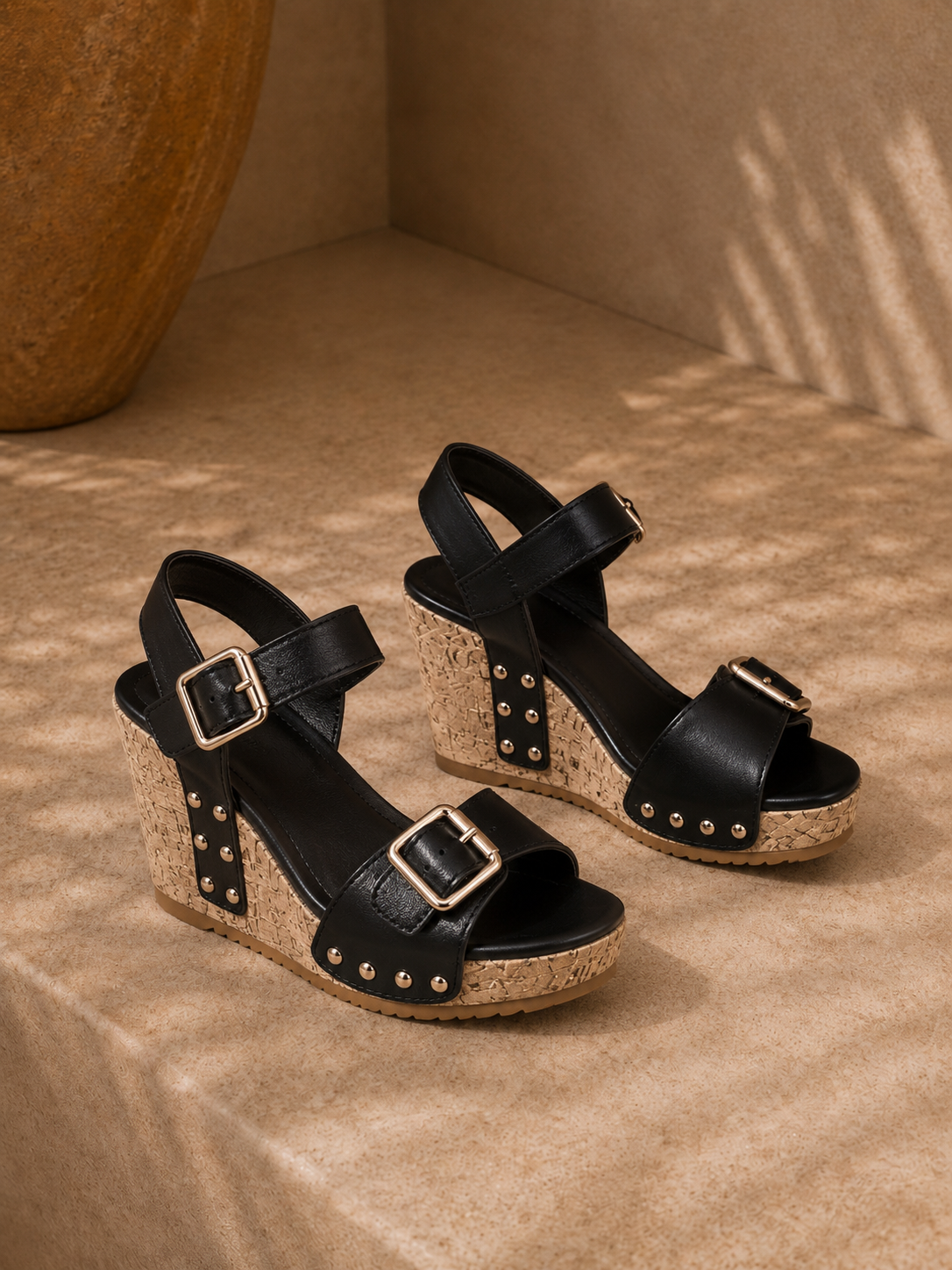 Sandales Compensées Bohème – Boucles Dorées & Semelle Liège