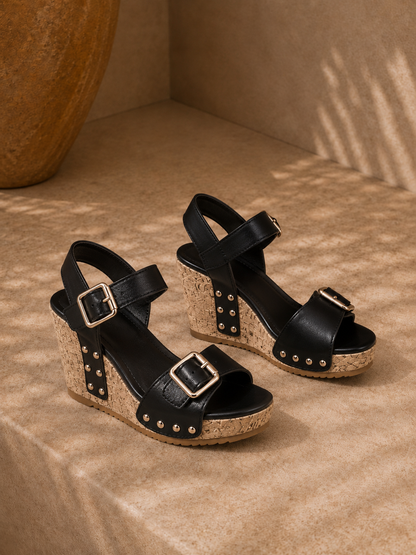 Sandales Compensées Bohème – Boucles Dorées & Semelle Liège