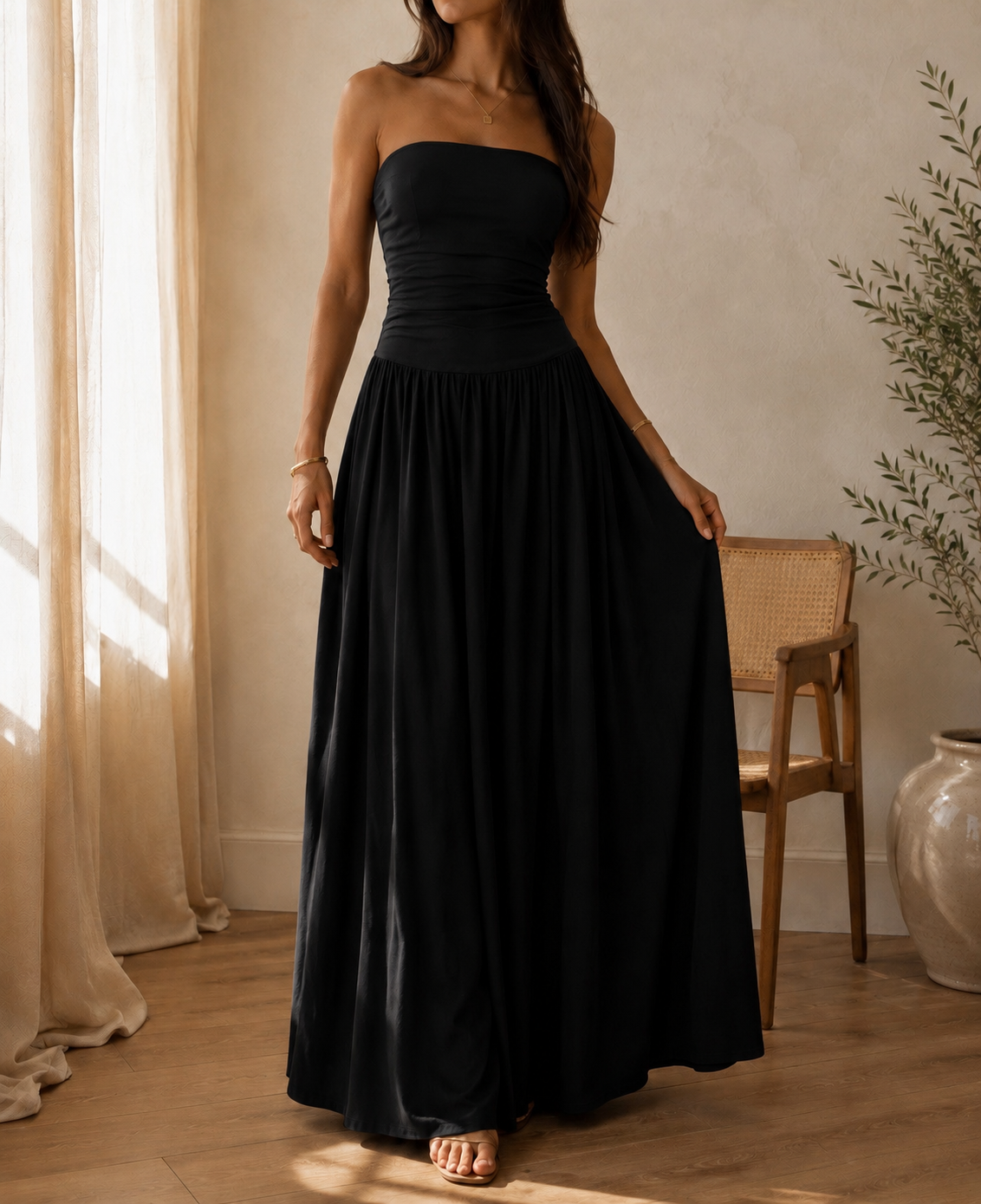 Robe Longue Bustier Marron/Noire - Dos Nu Élégant - Style bohème