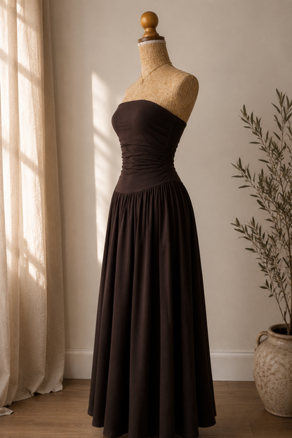 Robe Longue Bustier Marron/Noire - Dos Nu Élégant - Style bohème