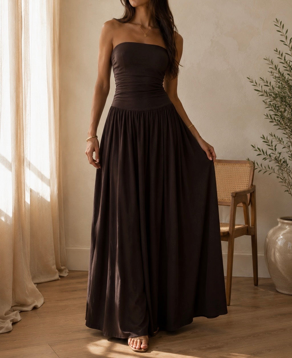 Robe Longue Bustier Marron/Noire - Dos Nu Élégant - Style bohème