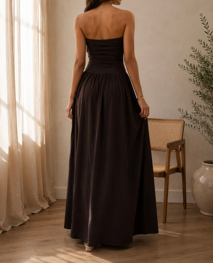 Robe Longue Bustier Marron/Noire - Dos Nu Élégant - Style bohème