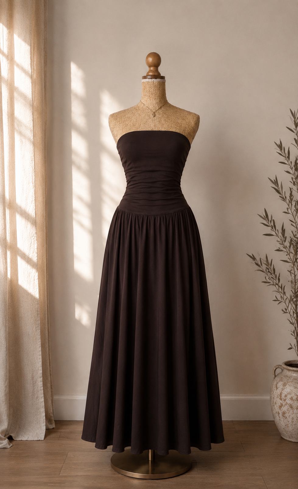 Robe Longue Bustier Marron/Noire - Dos Nu Élégant - Style bohème