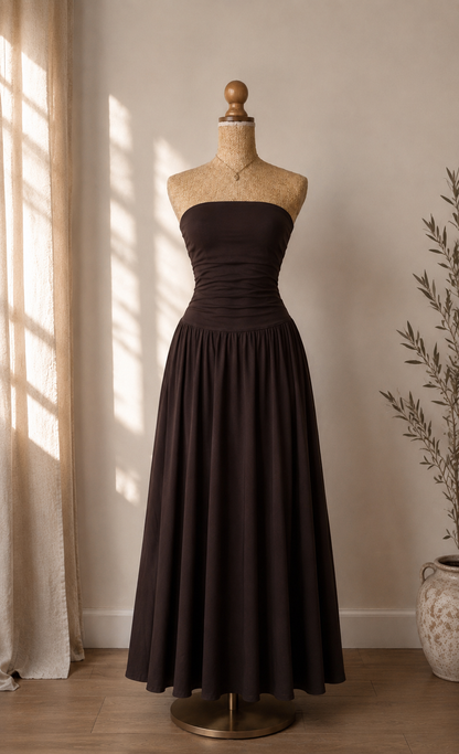 Robe Longue Bustier Marron/Noire - Dos Nu Élégant - Style bohème
