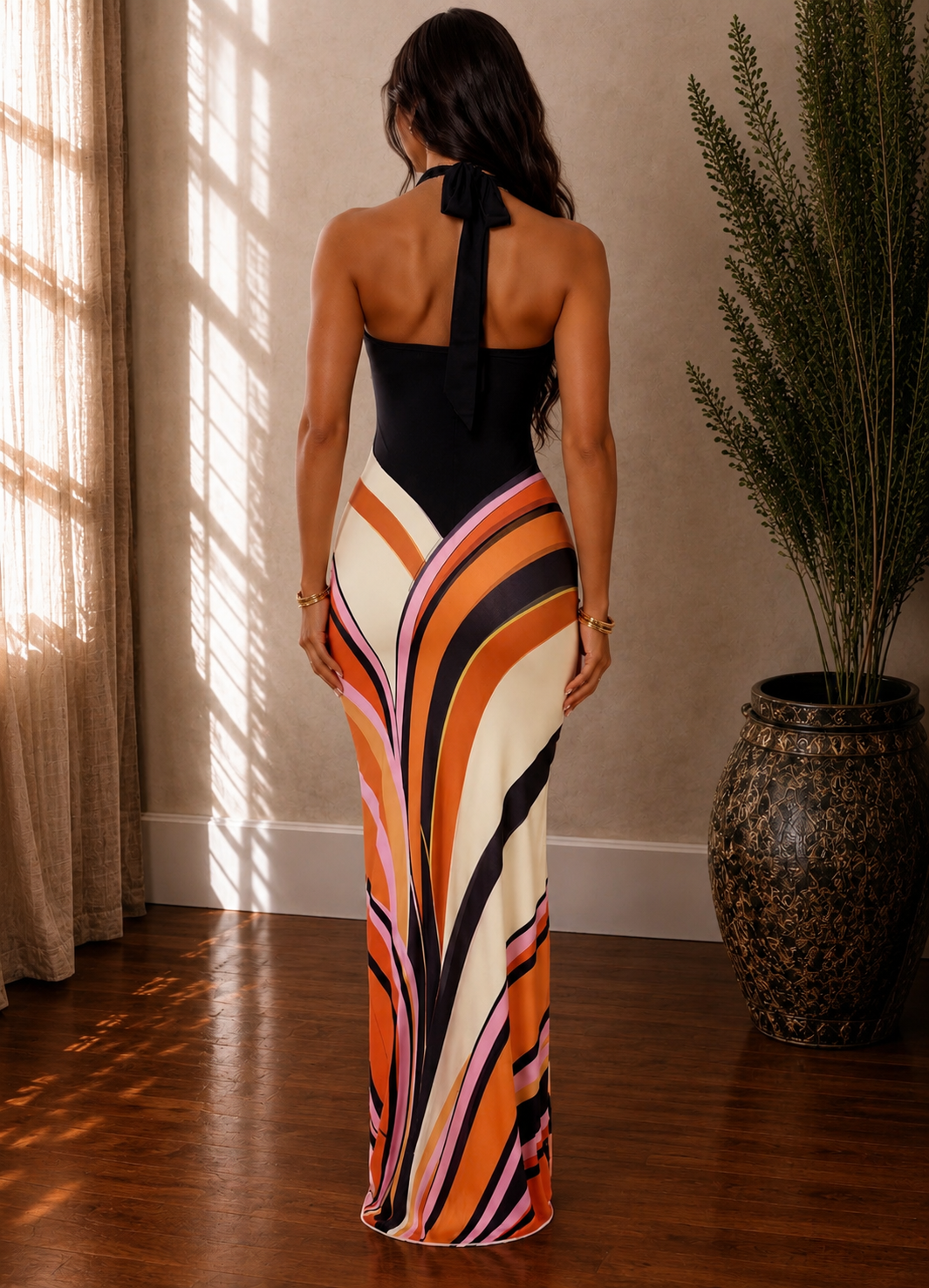 Robe Longue Dos Nu Femme – Robe Moulante Élégante à Imprimé Multicolore