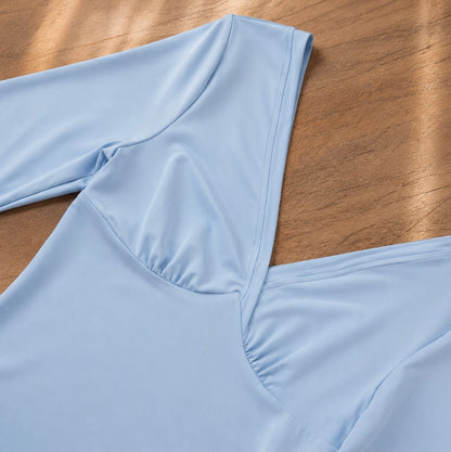 Robe Courte Bleu Ciel à Col V – Robe Moulante Femme Manches 3/4