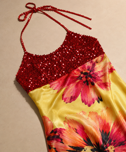 ✨ Robe Sequins Fleurie Rouge & Jaune